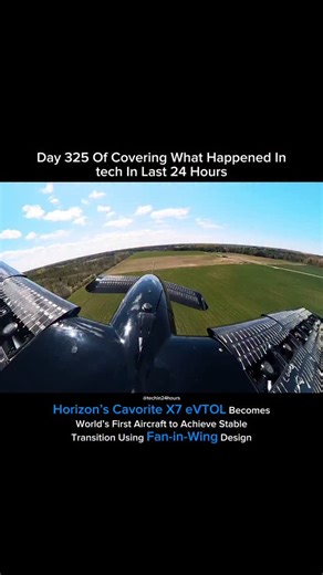 Tech in 24 hours on Instagram: "Horizon Aircraft just made aviation history, becoming the first eVTOL to achieve a stable wing-borne flight transition using a fan-in-wing design with its "large-scale" Cavorite X7 demonstrator. It works by having 14 fans embedded within the wings. Five per main wing with a pair in each forward canard. Horizon designed a clever patented mechanism that allows the wing surfaces to slide open for vertical lift from the battery-powered fans, and slide closed as the X7