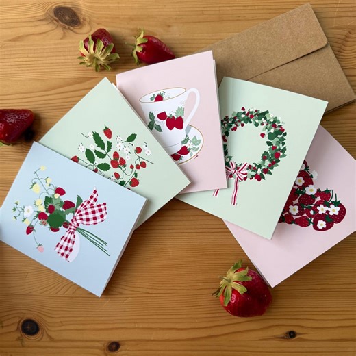 Strawberry Note Card Variety Set | Hand Illustrated Fruit Cards | Simple Berry Notecard Pack | Handmade Cottagecore Greeting Notes - Etsy