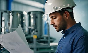 A male engineer wearing a hard hat carefully reviews technical plans in an industrial environment, showcasing focus and professionalism