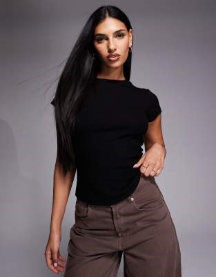 River Island short sleeved ribbed top in black | ASOS