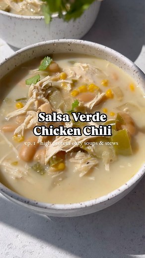Mary Smith on Instagram: "SALSA VERDE CHICKEN CHILI - ep. 1 of my new series - High Protein Cozy Soups & Stews to keep you nourished all fall long 😍 This is such a simple recipe that only takes 5 mins to throw into your slow cooker. It’s dairy free and has 42g protein and 8g fiber per serving! Perfect for meal prep, as the leftovers reheat beautifully. 👏🏻 . Comment below with the word “recipe” and I’ll send it to your DMs! Or you can tap the link in my bio, or Google Maryswholelife salsa verd