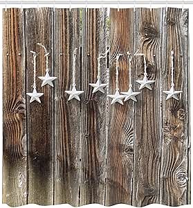 Ambesonne Prehistoric Country Shower Curtain, Grey Colored Ornate Stars on Wooden Rustic Fence Cabin Design Print, Cloth Fabric Bathroom Decor Set with Hooks, 69" W x 75" L, Brown and Grey