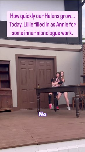 Mary John (Helen) got to rehearsal before Anna (Annie) today. We wanted to do some inner monologue work. Who filled in for Anna?? None other than Lillie, MJ’s predecessor as Helen. Helen and Annie do not speak like this in the play…we do inner monologues like this some in Annie/Helen rehearsal so their intentions are more clear in the fight scene when they do it in performance. #helenkeller #themiracleworker #themiracleworkerativygreen | The Miracle Worker at Ivy Green