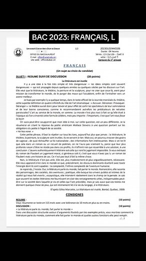 Sujets et sujets du BAC 2023 pour l'épreuve de français série L