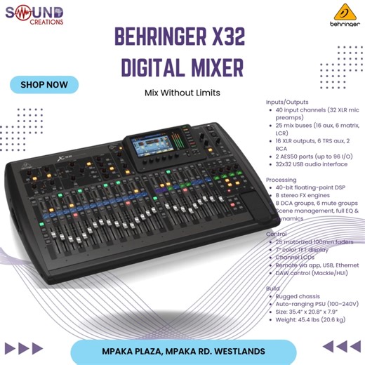 The Behringer X32 gives you full control. 40 channels, motorized faders, built-in FX, and rock-solid performance every time. Whether it's live gigs, studio sessions or big events, this board doesn’t miss. Plug in. Dial in. Lock in. DM us to check it out! #BehringerX32 #ProAudioGear #LiveSound #SoundCreationske #EventTech #MixLikeAPro #StageReady #DigitalMixer #KenyaAudioPros #LiveSound #churchsound #events #PremiumOrNothing | Sound Creations Limited Kenya | Facebook