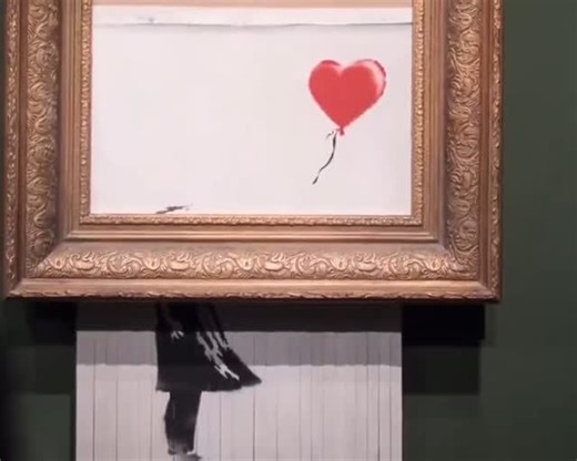 🌱 on Instagram: "banksy’s iconic painting, originally titled “girl with balloon,” famously shredded itself moments after being sold for $1.4 million at sotheby’s auction in 2018. the artwork, which partially self-destructed through a hidden shredder embedded in the frame, was later retitled “love is in the bin.” despite the dramatic event, the piece’s value skyrocketed due to its notoriety and the unprecedented nature of the stunt. in 2021, it was resold for a staggering $25.4 million, m