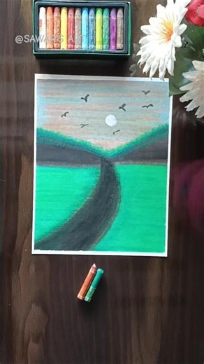 Easy Sunset Road Landscape Drawing with Oil Pastels 🌅 | Simple Scenery for Beginners