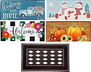 Evergreen Sassafras Bundle - Set of 4 Seasons Interchangeable Entrance Doormats | Indoor and Outdoor |22-in x 10-in doormats and 30-in x 18-in Tray | Non-Slip Backing | Low Profile | Home Décor