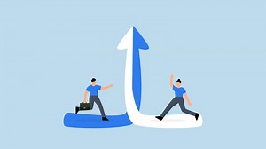 Collaboration synergy work to growth together, 4k animation of businessman and woman running to unite to achieve a goal