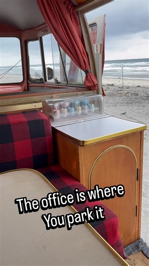 Vintage VW Westfalia Bus Parked at the Beach Scoping out the Waves