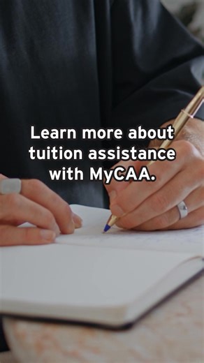 Have you heard? With the MyCAA Scholarship, eligible military spouses can receive up to $4,000 in tuition assistance toward approved educational programs 🎓. 👉 Discover more information about the scholarship and what is covered: https://mycaa.militaryonesource.mil/mycaa/ Video Description: Footage of woman writing in notebook with text overlay. Solid white appears on screen with MyCAA and SECO logos. | Spouse Education and Career Opportunities Program - SECO