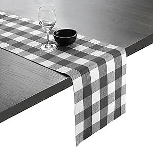Native Fab Buffalo Checked Plaid Table Runner, 100% Cotton, 13x108 Inches, Rustic Farmhouse Kitchen and Dining Décor, Perfect for Fall, Winter, Weddings, Holiday Gatherings, Grey and White