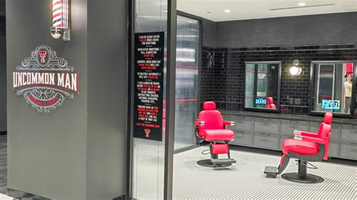 Texas Tech football entryway to Dustin R. Womble Center locker room, lounge, barber shop