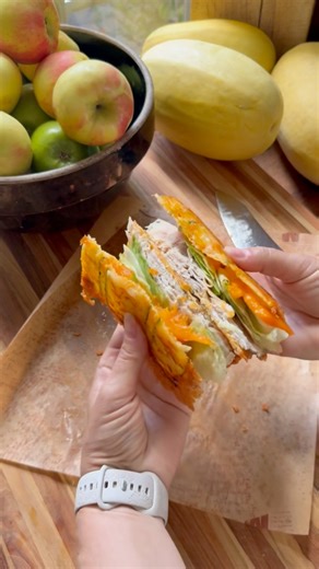 Cheesy Zucchini Breadwich Guys, this was so good!!! My daughter tried a bite and loved it so much she asked for half of mine. I filled mine with peppered turkey, lettuce and tomatoes but you can use whatever meat you like best. RECIPE - Makes 1 INGREDIENTS: freshly shredded Colby Jack cheese 3 thin slices of zucchini salt favorite sandwich fixings DIRECTIONS: 1. Preheat oven to 400 F. 2. Thinly slice 3 strips of a zucchini and place them on a paper towel. 3. Sprinkle on some salt and let them si