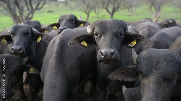 Close-up of a young water buffalo's face peeking through a group of others, with curious eyes and a muddy nose, highlighting its gentle expression in a natural setting