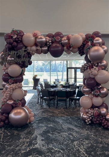 From box truck to breathtaking ✨ Celebrating 50 years of LOVE! Burgundy, Blush, and Rose Gold Balloons with beautiful lush florals. #ccjubilee #balloons #balloontiktok #fyp #florals