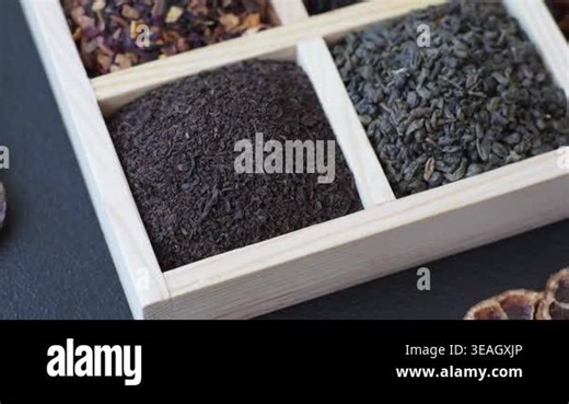 A box of various dry teas, black, green, herbal, and fruit. A set of different tea varieties Stock Video Footage - Alamy