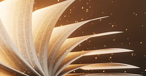 Endless flipping pages in magic book. Golden sparkles and glowing light. 4k HD