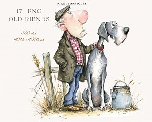 Old Friends Clipart Bundle | 17 PNG Illustrations | Man With Dog Watercolor Digital Download - Etsy