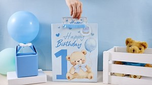 Loveinside 1st Birthday Gift Bag for Baby Boy, Large Blue Bear Design, Medium Size Bag with Tissue Paper, Tag, Greeting Card, Ideal for Newborn, First Birthday, Baby Shower, 10" x 5" x 13", 1 Pcs
