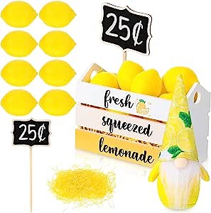 14 Pcs Lemon Tiered Tray Decor Set Lemon Decorations Mini Lemon Wood Crate Yellow Lemon Gnome Faux Lemons Farmhouse Summer Tray Decor for Kitchen