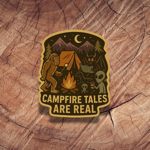 Cryptid Campfire Sticker: Bigfoot, Alien, Mothman - Waterproof Vinyl Decal - Etsy
