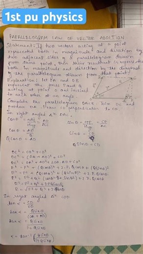 Parallelogram law of vector addition |class 11 | 1st pu physics | #physics #vectorlaw #easy #onepage