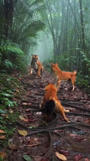 Tiger vs. Wild Dogs: Intense Jungle Face-Off! 🐅🐾 #Tiger #Wildlife #JungleSurvival