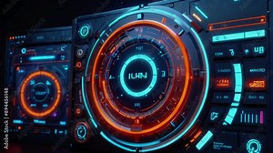 Futuristic interface featuring a central circular command button surrounded by digital readouts, circular dials, and numerical displays. The dark color scheme with blue and orange.