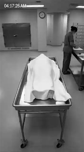 A quietly eerie scene from a Cleveland hospital morgue has captured the internet’s attention after security footage appeared to show a covered patient’s toes shifting beneath a sheet while a technician just a few feet away continued her paperwork, unaware of anything unusual. The black-and-white recording, taken in the early morning hours, shows the worker updating intake files at a metal workstation while a newly delivered body lies motionless on a gurney behind her, the sheet neatly arranged a