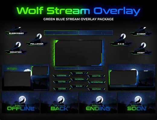 Lunar Wolf Stream Overlay: Green and Blue Twitch Overlay Pack, Wolf Stream Overlay, Twitch Alerts, Stream Edit, Twitch Transition, Wolf Pack - Etsy