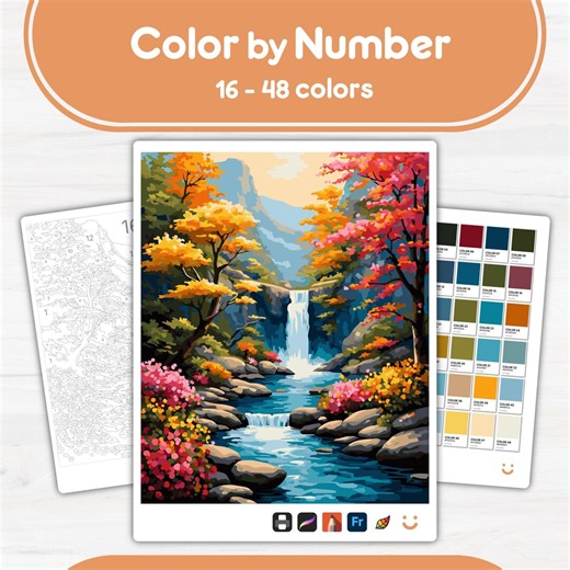 Colorful Waterfall Scene - Color by Number - Digital & Printable - 4 Levels - Etsy