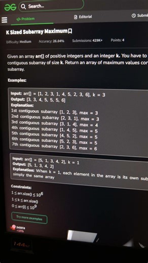 GFG POTD K sized Subarray Maximum Solution Check this Out.. #gfg #potd