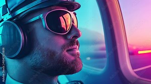 A pilot enjoying the flight experience, wearing sunglasses and headphones