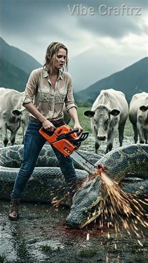 Epic Rain Battle 🌧️ Woman vs Giant Python | Cinematic Chainsaw Fight🐍#ai #trending #shorts #viral