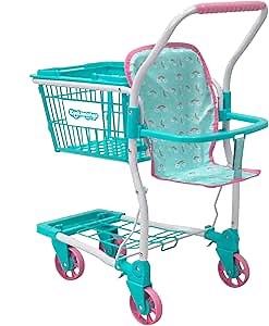 KOOKAMUNGA KIDS 2 in 1 Shopping Cart for Kids - Kids Shopping Cart - Toy Grocery Cart - Toy Shopping Cart w/ Removable Hand Basket & Doll Seat Carrier - Perfect for Boys & Girls Ages 2+ (Blue Rainbow)