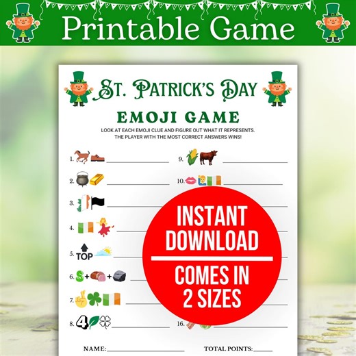 Emoji Game, Printable Emoji Quiz, Emoji Guessing Game, Guess the Emoji Game, Emoji Party Game, St Patrick's Day Spring Party Games