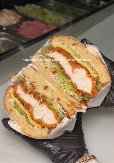 House-crumbed schnitzel, golden and crispy with fresh iceberg crunch 🥪 Tasty cheese, tangy pickles and a creamy mayo to bring it all together