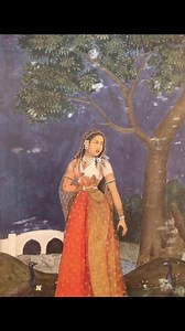 Lady with Two Peacocks India, c. 17th century (likely Mughal–sryle miniature) This painting depicts an elegantly dressed Hindu noblewoman standing beneath a flowering tree, accompanied by two peacocks. Her richly colored lehenga and odhni, pearl jewelry, and poised stance reflect aristocratic refinement and feminine grace. The peacocks, symbols of beauty, love, fertility, and monsoon abundance in Indian art, enhance the lyrical mood. The deep indigo background, delicate foliage, and serene expre