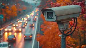 CCTV camera surveilling road, monitors passing cars for traffic control and safety