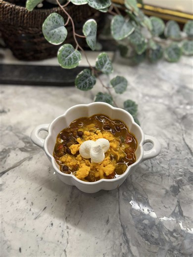 Pressure cooker pumpkin chili loaded with beef and creamy toppings