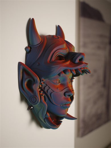Articulated Oni Mask, Reveals Geisha Face. 3D Printed Japanese Wall Art & Desk Decor With Stand. - Etsy