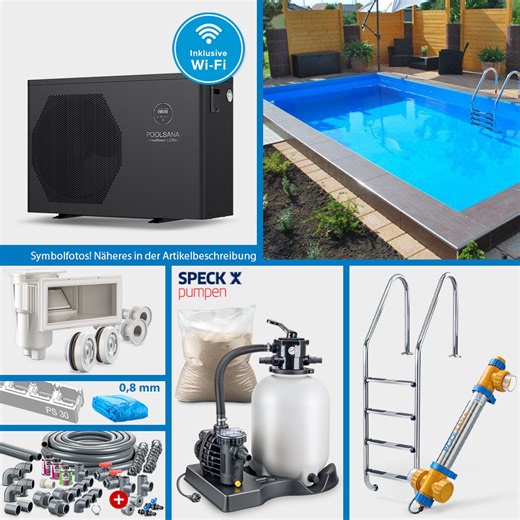 PS30-Rechteckpool POOLSANA HQ 6,00 x 3,00 x 1,50 m | Folie blau 0,8 mm | PROFI-Set HEAT