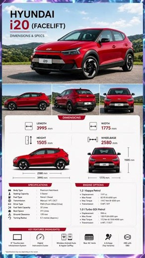 Hyundai i20 Facelift 2026 Dimensions & Specs 🔥 | Length, Width, Height & Wheelbase | #Shorts