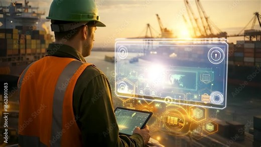 Industrial port engineer using digital control interface at cargo terminal overseeing logistics operations, equipment status and operational efficiency