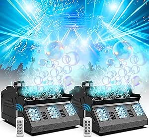 3 in 1 Fog Bubble Machine with 2 Bubble Fans, 7 CH RGB 18 LED Lights Smoke Bubble ALL IN 1 Machine, Fog Machine for Halloween, Chrismas, 2 Packs