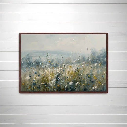 Wildflower Field Framed Canvas Wall Art, Soft Blue Landscape Floral Print for Cottage or Farmhouse Decor, Botanical Framed Artwork, 019 - Etsy