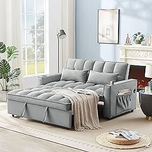 3-in-1 Large Futon Loveseat with Pull Out Sleeper Couch Bed and USB Port,Velvet Tufted Upholstered Love Seat Reclining Backrest Convertible Full Size Sofabed W/2 Cupholders & Pillows for Living Room