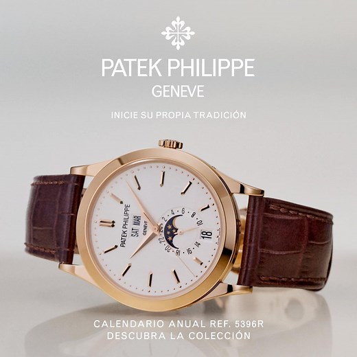 10K views · 29 reactions | Con su doble ventanilla de día y mes a las 12 en punto, ventanilla de fecha a las 6 en punto y subdial de 24 horas con fases de la Luna, el Calendario Anual de referencia 5396R-011 con cuerda automática se ha convertido en uno de los mayores éxitos de Patek Philippe. Muestra toda su elegancia atemporal en esta versión de oro rosa, adornada con una caratula opalina plateada con índices aplicados y agujas de oro. | Torres Joyas | Facebook