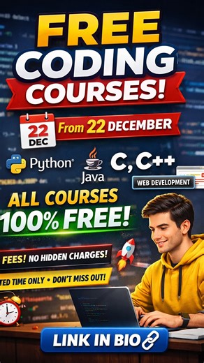 Krishna | Level Up Skills on Instagram: "Stop paying for coding courses ❌ From 22 December, learn ALL programming languages for FREE 💻 Perfect for students & beginners 🚀 #FreeCoding #ProgrammingStudents #LearnToCode #CodingLife #TechStudents #CareerInIT #Divakarway03"